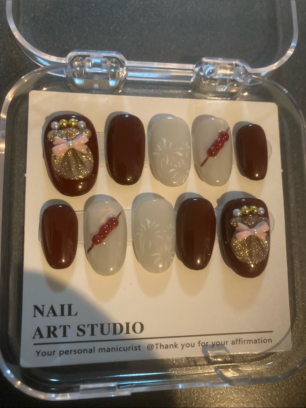 Brown & Cream 3D Bow Press-On Nails